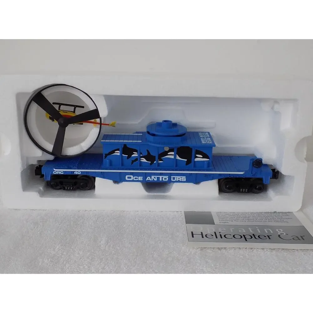 Rail King MTH Ocean Tours flat car with operating helicopter O gauge 30-79076